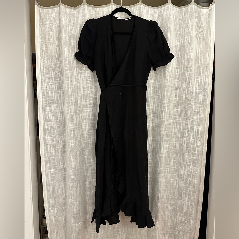 & Other Stories Fron Slit Linen Wrap Midi Dress, Black, Large